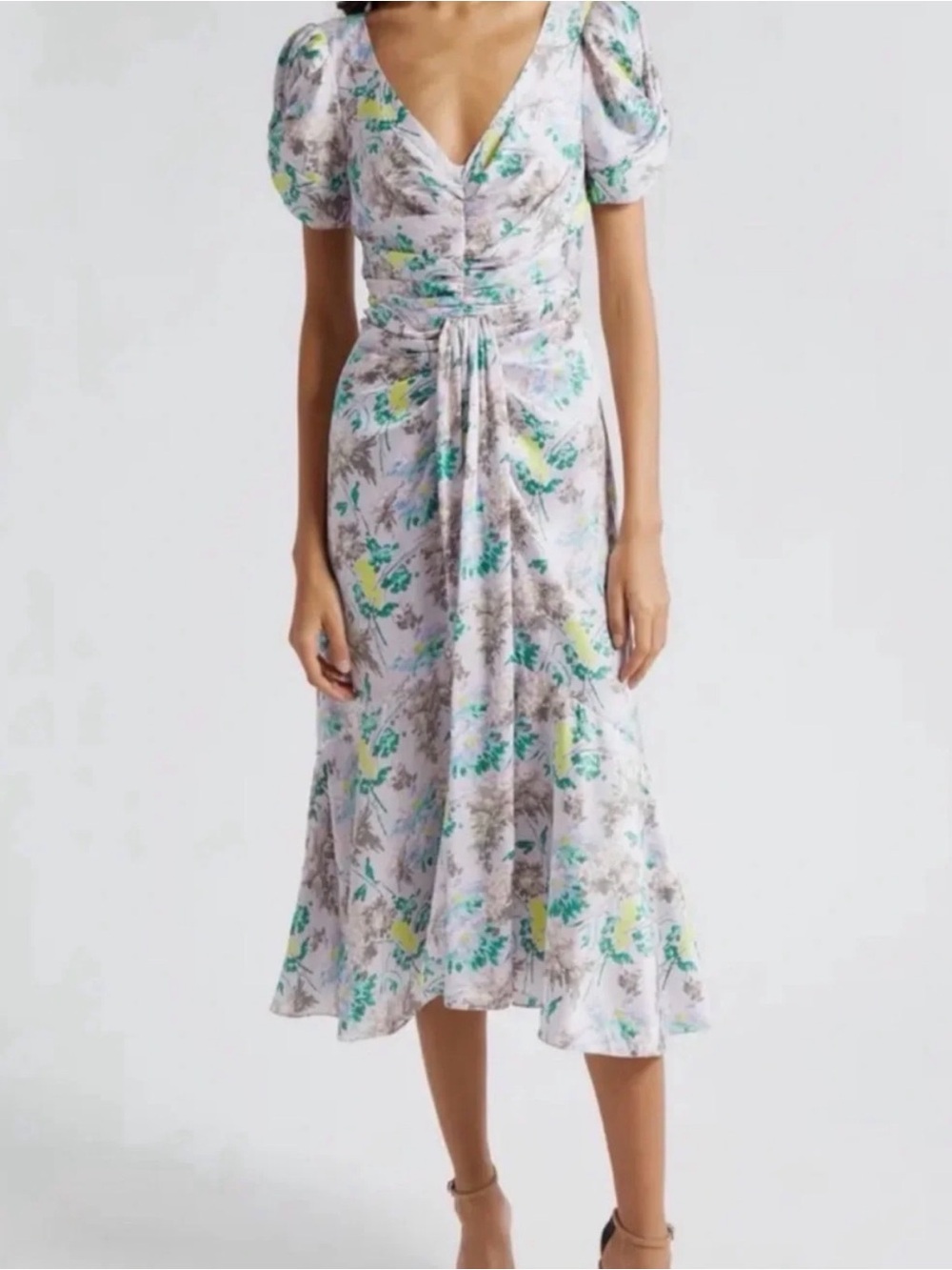 Cinq à Sept Walker Floral Ruched High Low Midi Dress Lavender Size 8
